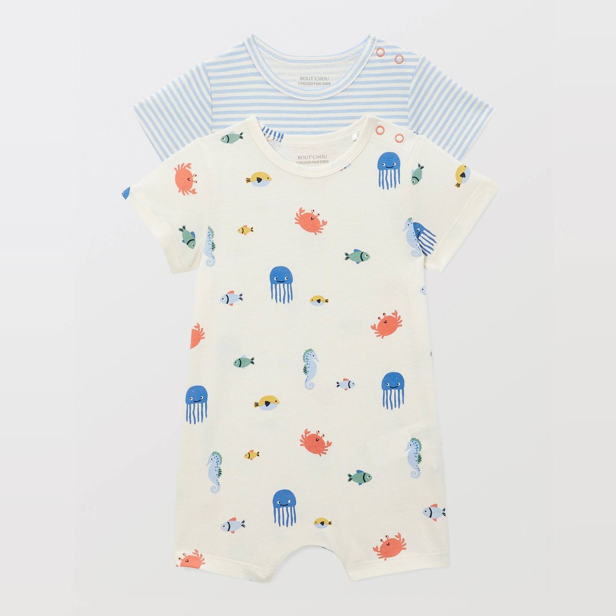 Lot de 2 combinaisons courtes imprimées en coton BIO GOTS angelot, BOUT'CHOU