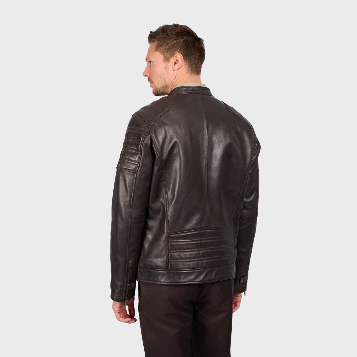 Veste en cuir zippé Col mao SHELBY marron, OAKWOOD