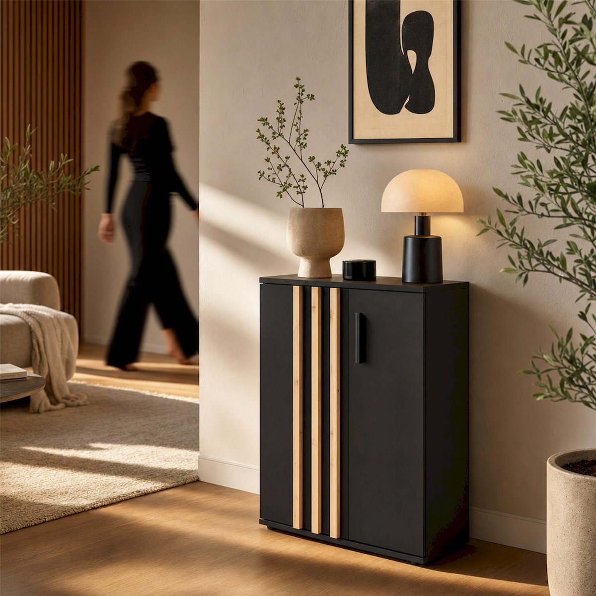 Commode 2 portes rainurées collection TOLLINO noir onyx et chêne artisan, RECOLLECTION