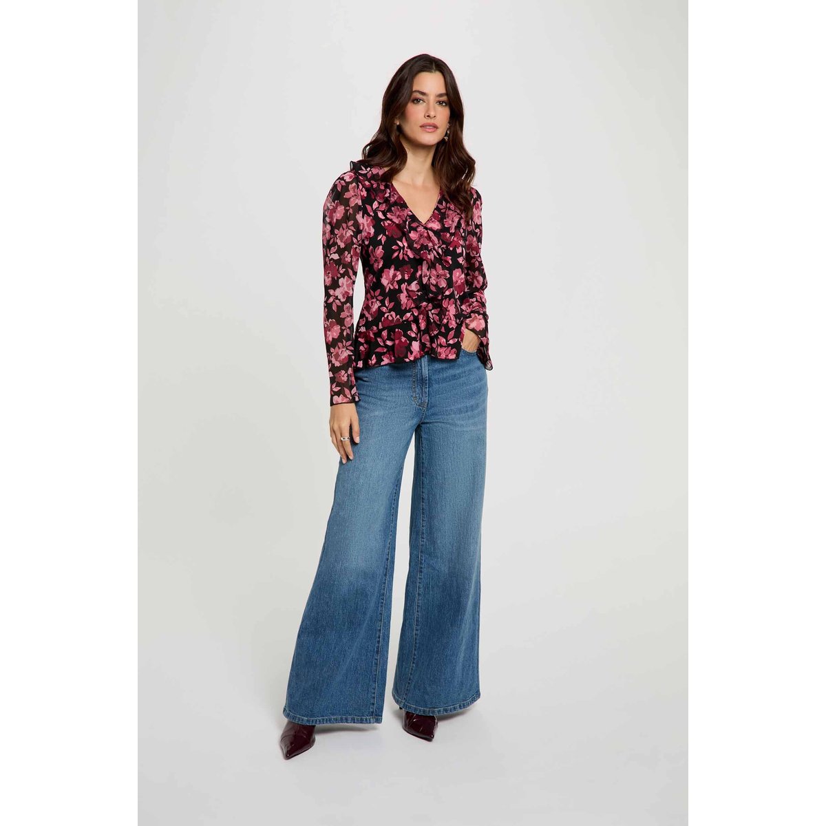 Blouse col v volants multicolore, MORGAN