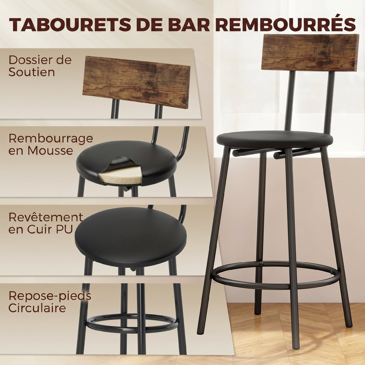 Ensemble de table de bar MDF Brun Rustique brun rustique, noir, HOMCOM