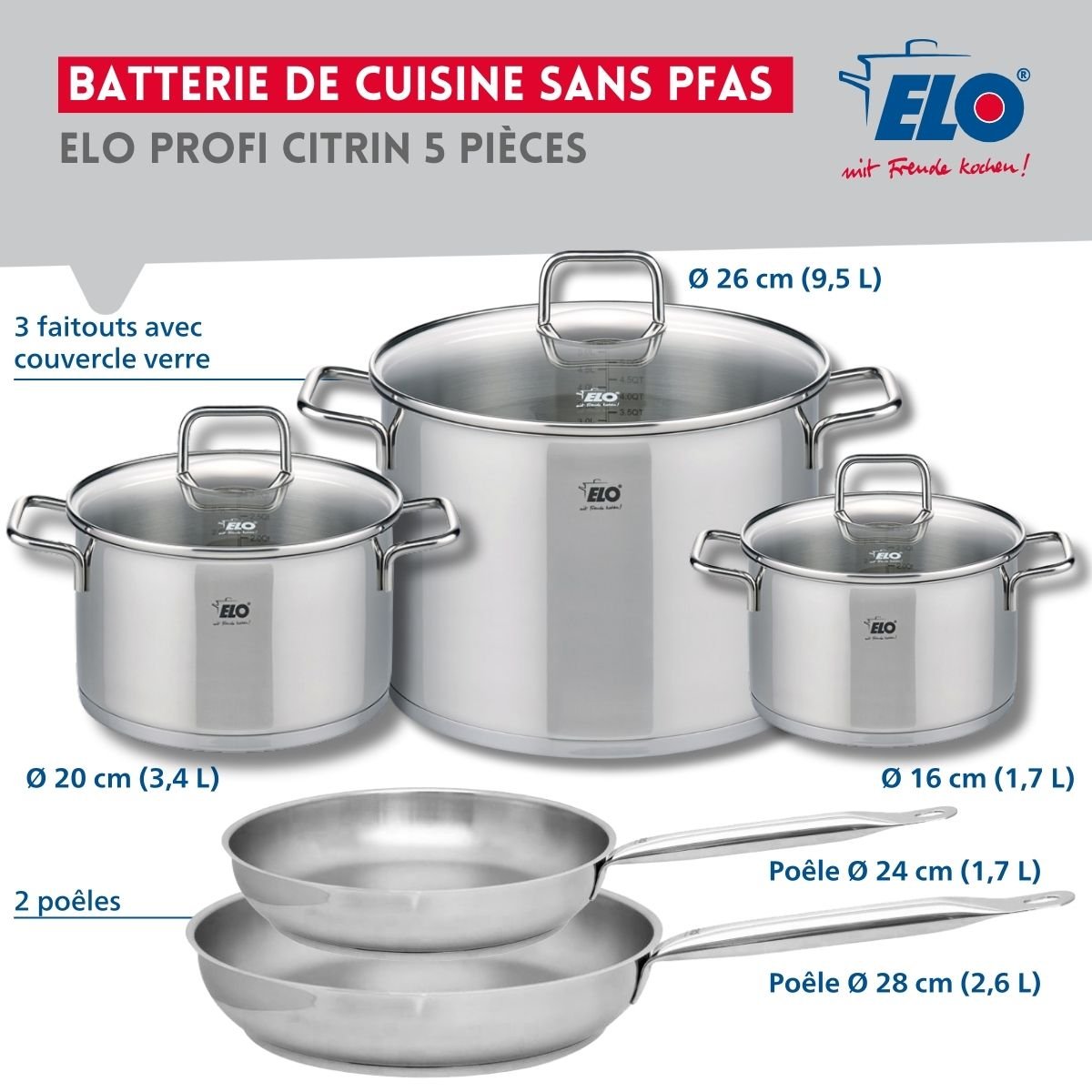 Batterie 2 poêles 24/28cm + 3 faitouts 16/20/26cm PROFI CITRIN gris, ELO