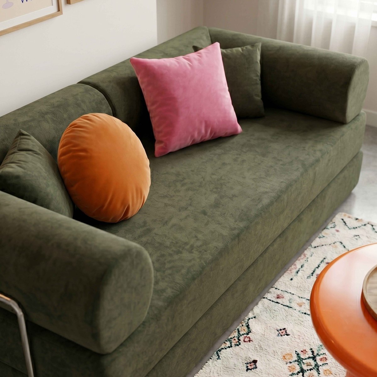Canapé convertible 2 places en tissu avec coussin modulable, WENDY vert, OVIALA