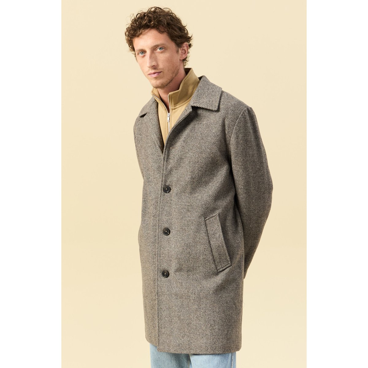Manteau droit long col classique beige, BONOBO