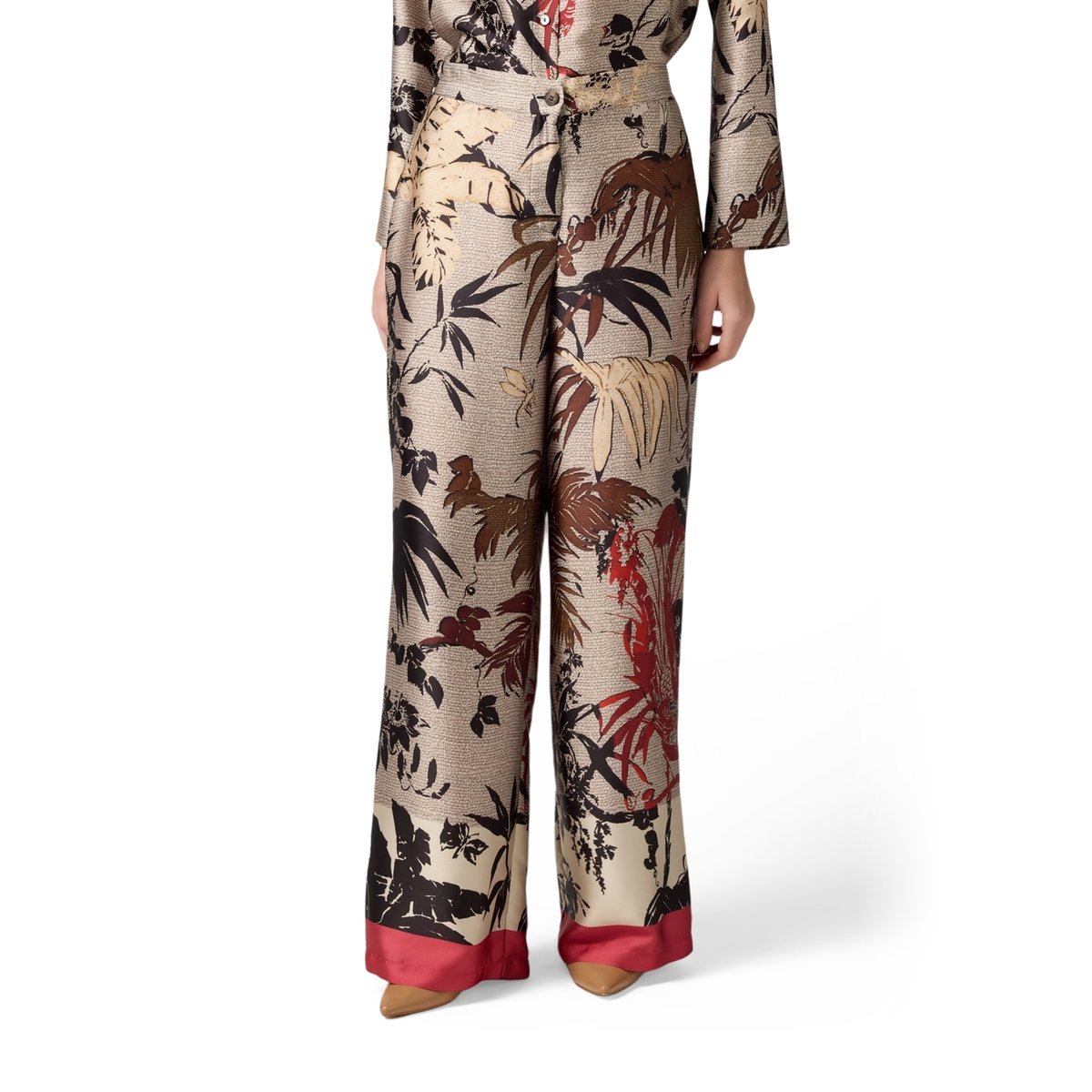 Pantalon palazzo en satin fantaisie beige, OLTRE