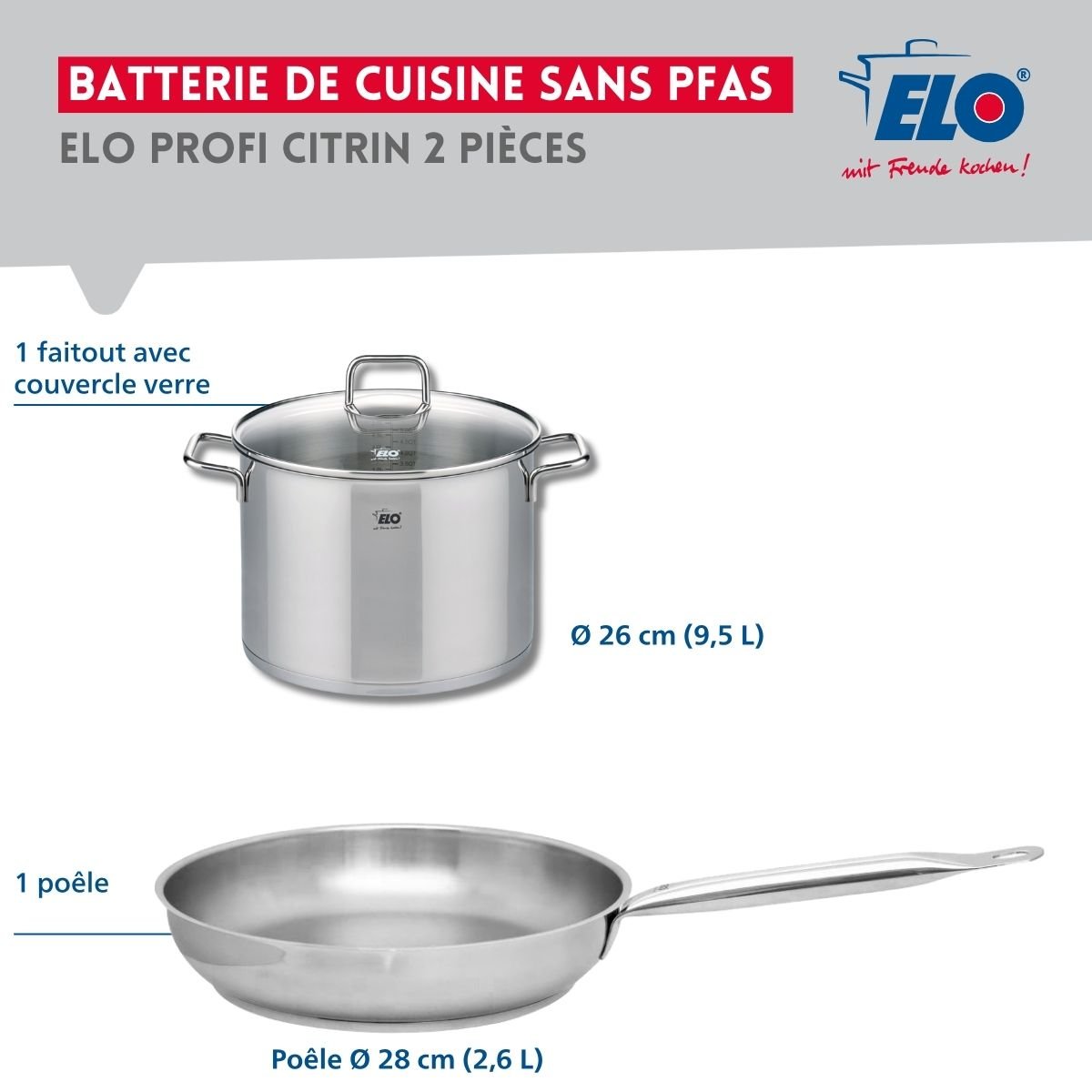 Batterie de cuisine 1 poêle 28cm + 1 faitout 26cm PROFI CITRIN inox, ELO