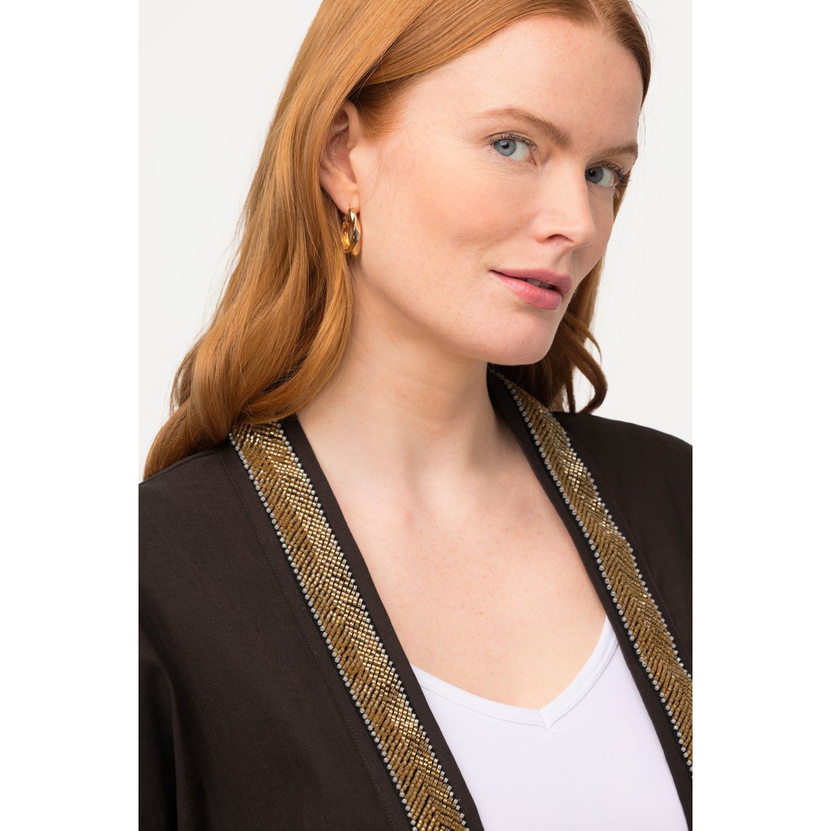 Veste kimono. Col châle. Lin mélangé. Galon marron pin, ULLA POPKEN