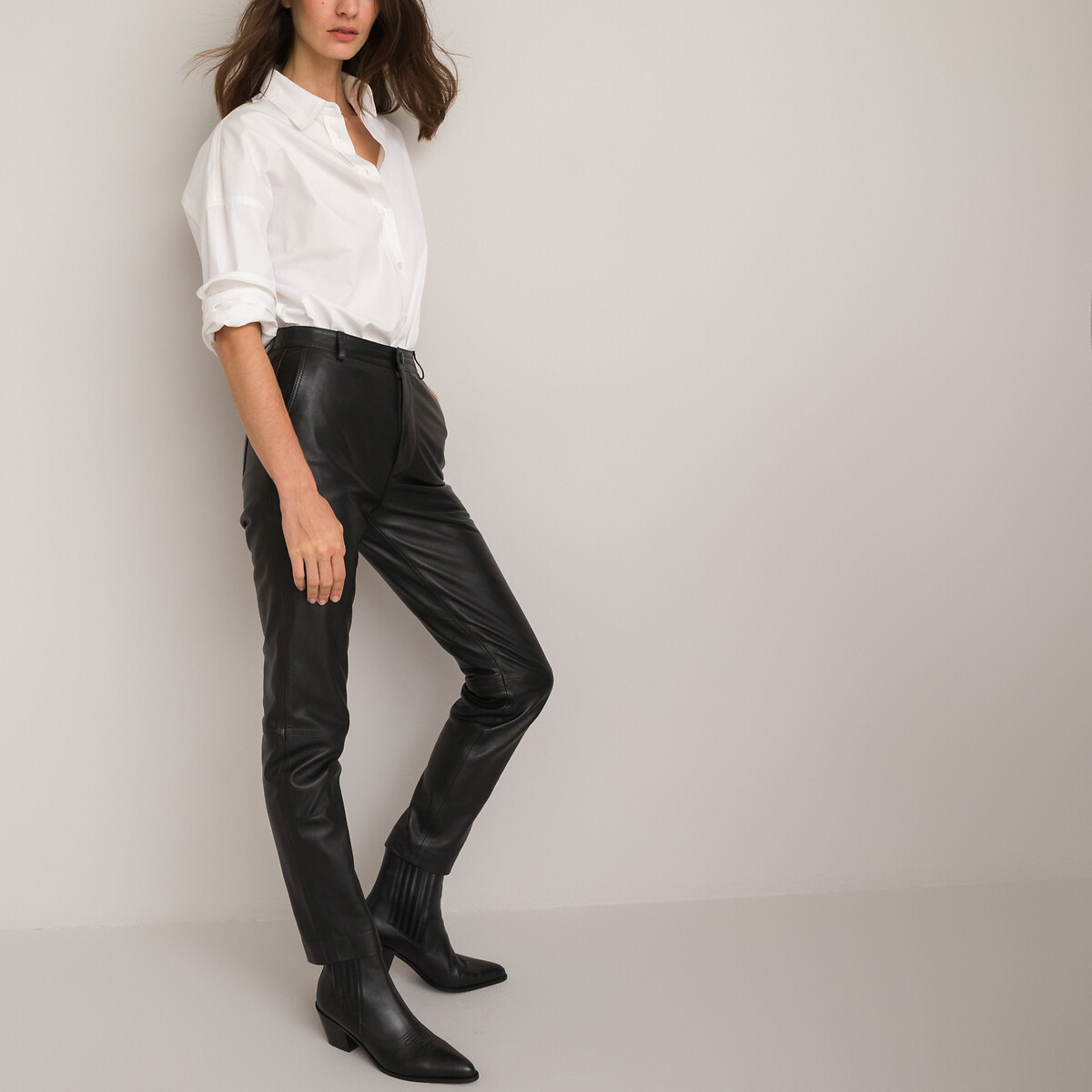 Leather Straight Trousers, Length 26.5" black, LA REDOUTE COLLECTIONS