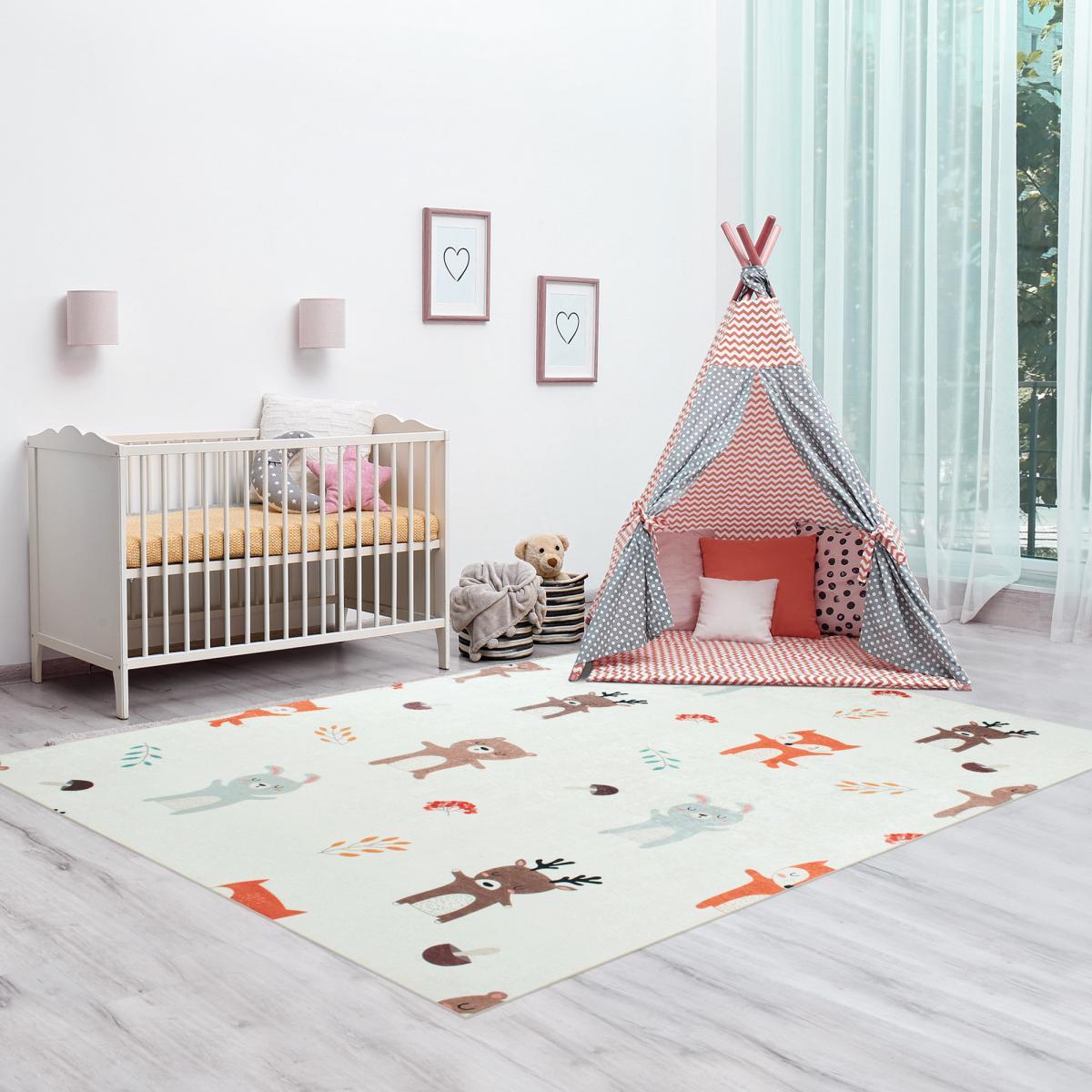 Tapis enfant tissé motif animaux FORET crème, UN AMOUR DE TAPIS