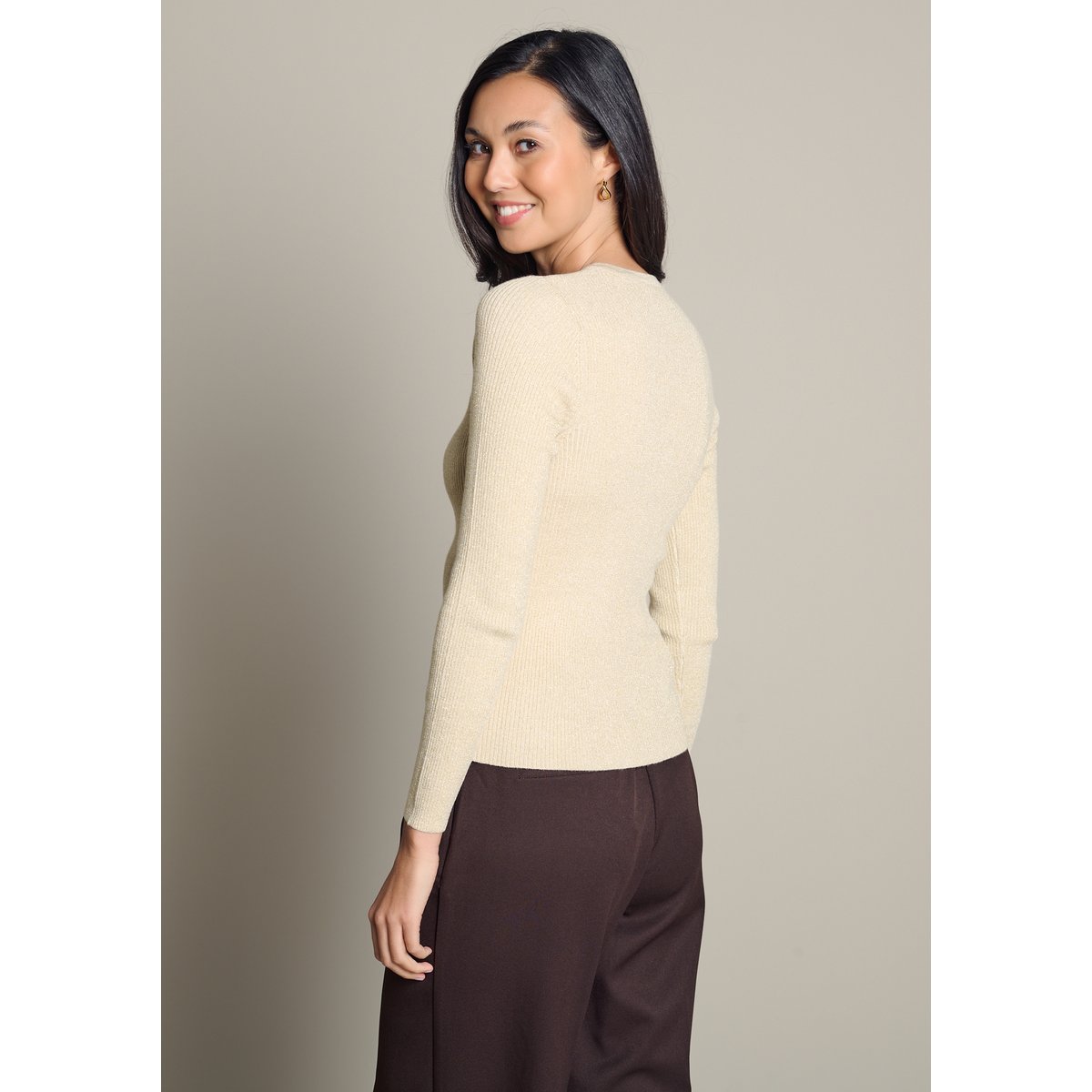 Cardigan côtelé scintillant champagne sand, LOLALIZA
