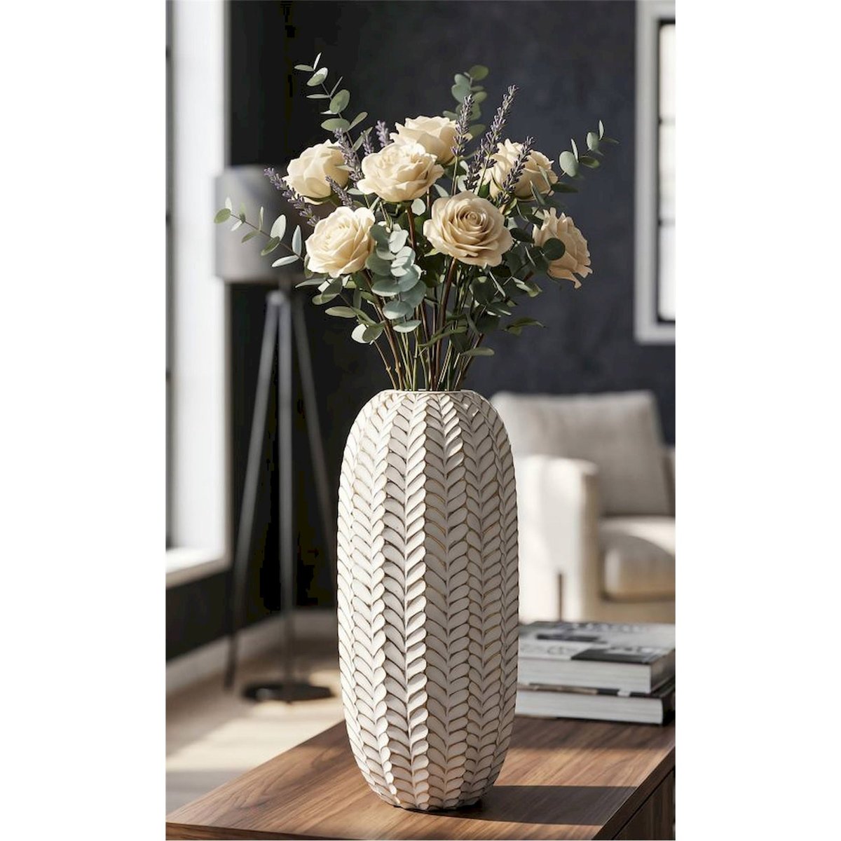 Vase sculpté relief feuille élégant MODERN blanc et doré, RECOLLECTION