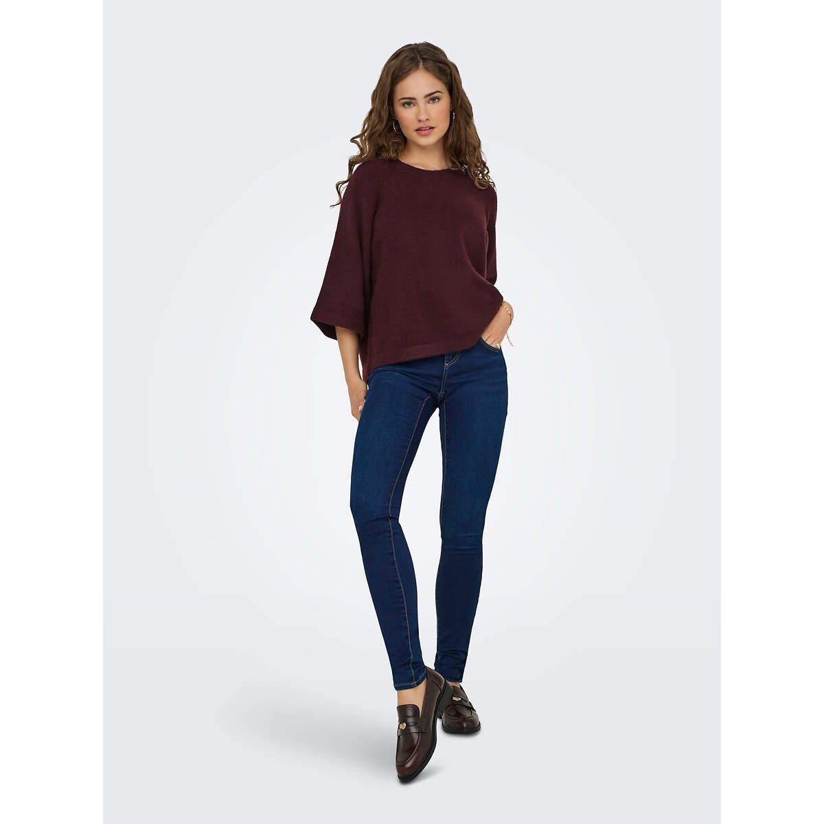 Pull manches 3/4 col rond bordeaux, ONLY