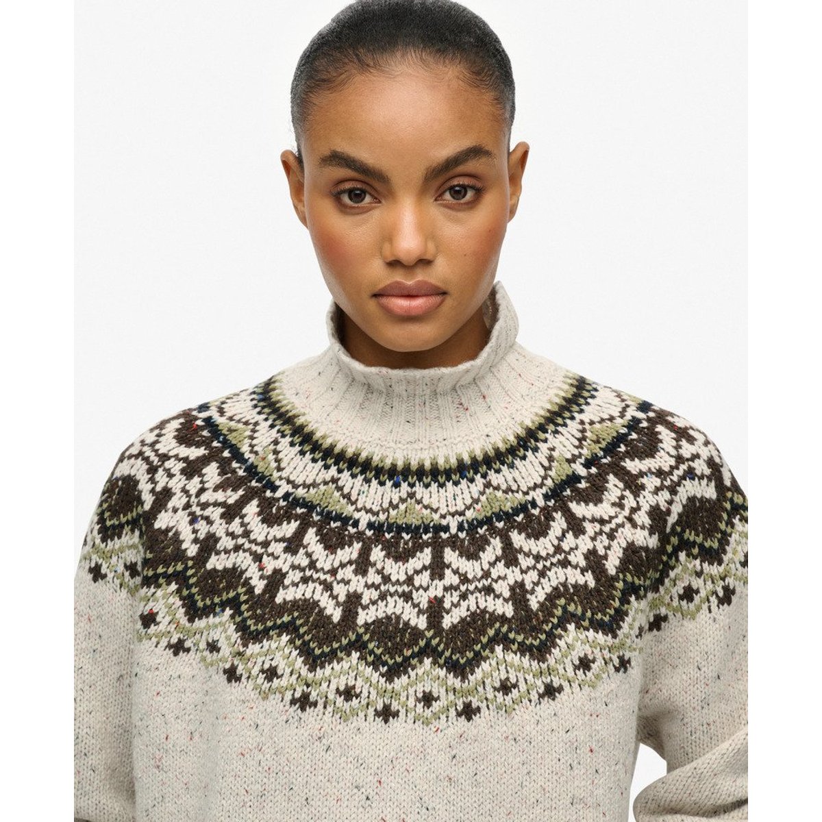 Pull à col montant en jacquard blanc cassé multi, SUPERDRY