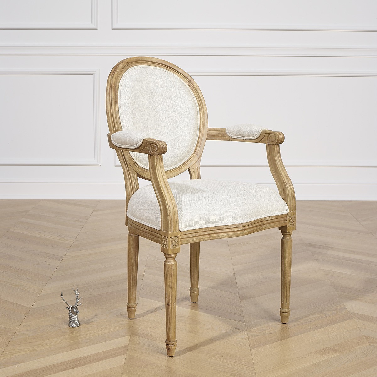 Fauteuil de table style classique en hévéa et lin premium MEDAILLON lin, ROBIN DES BOIS