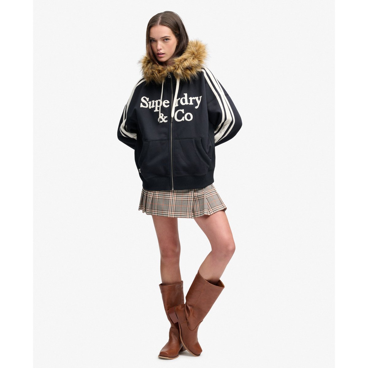Sweat zippé à capuche Vintage Fur Applique coupe oversize bleu marine éclipse, SUPERDRY