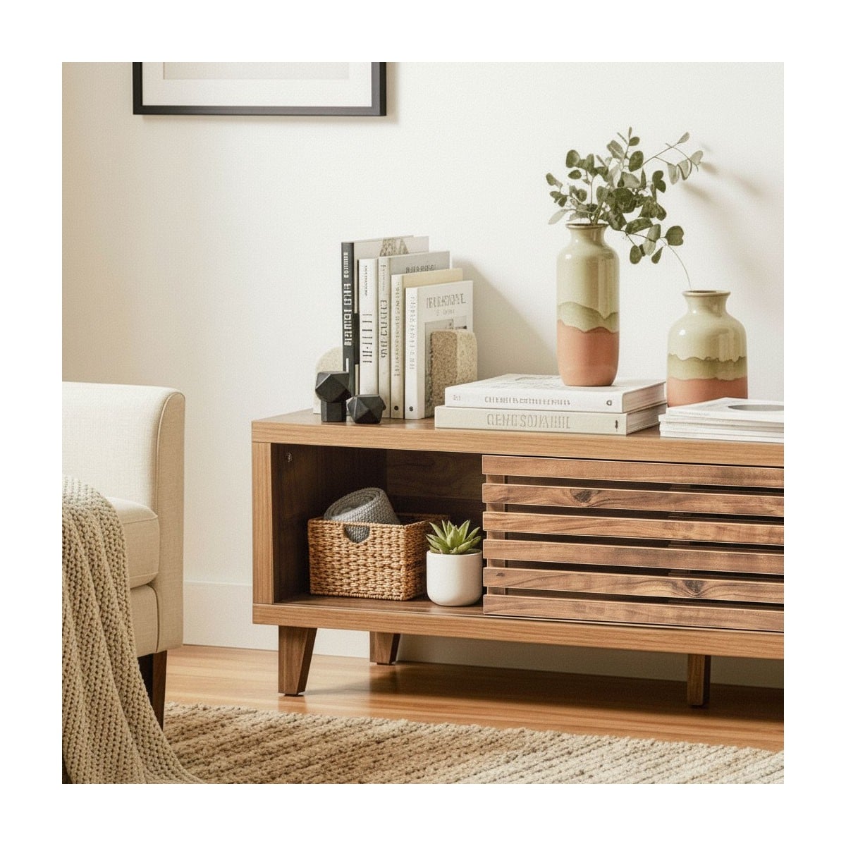 Meuble TV 2 portes coulissantes LIAM bois foncé, CALICOSY