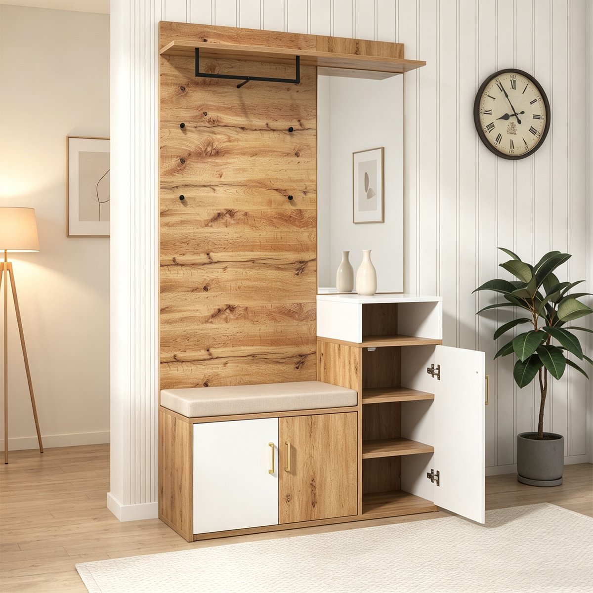 Vestiaire d'entrée avec miroir banc et rangement, PORTER-I blanc, MEUBLES COSY
