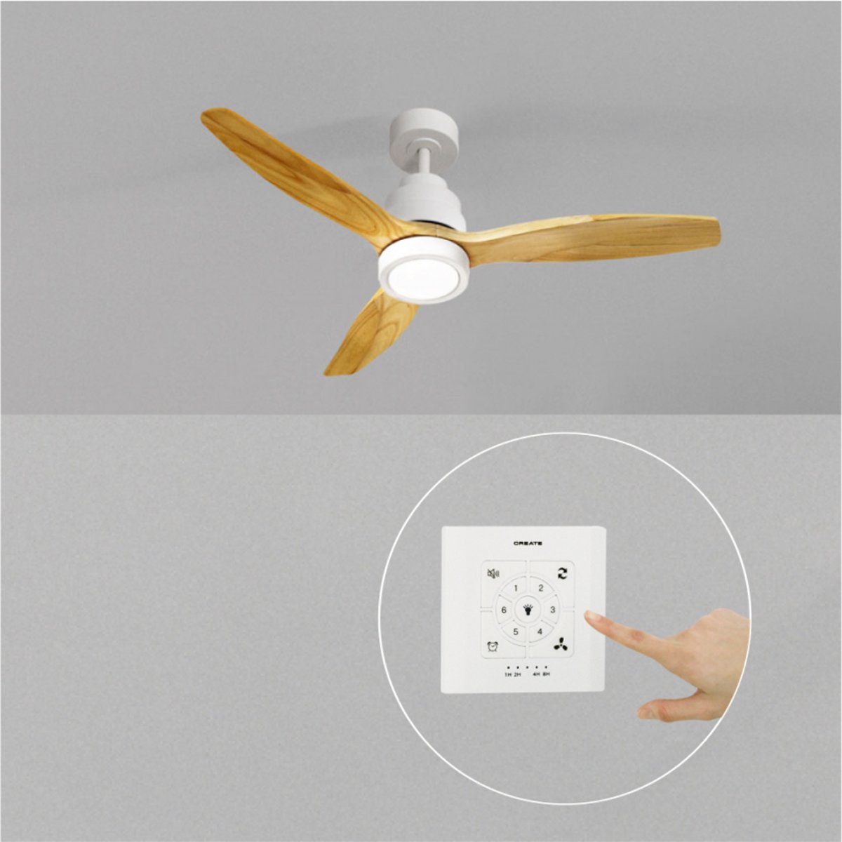 Ventilateur de plafond 40W  avec lumière avec contrôleur mural WIND STYLANCE NATURAL WOOD blanc/bois naturel, CREATE