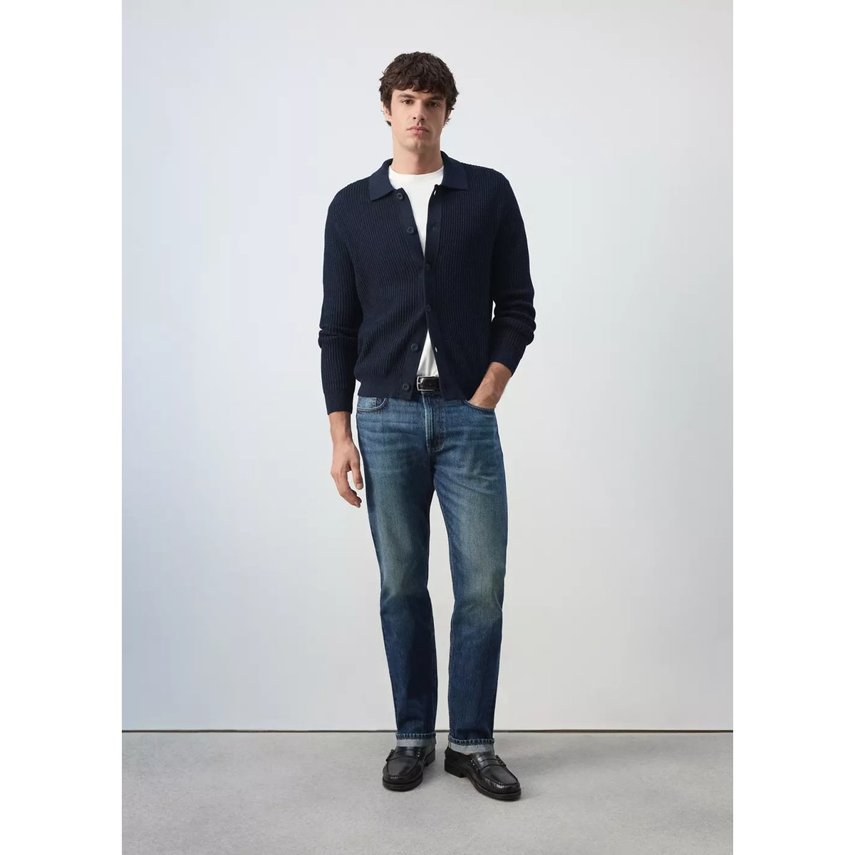 Cardigan tricot texturé bleu marine, MANGO MAN
