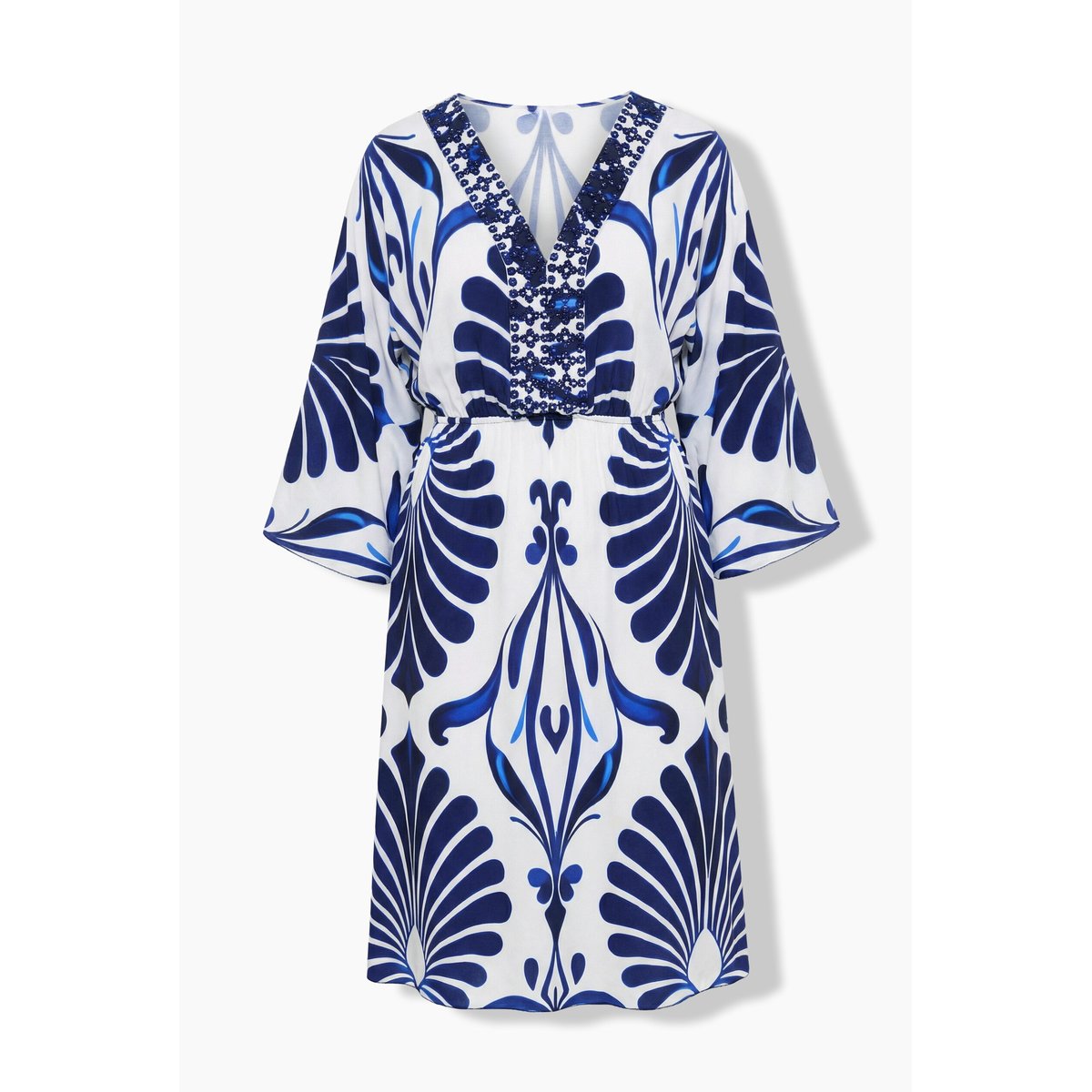 Robe décolleté en V et manches 3/4 blanc neige, ULLA POPKEN