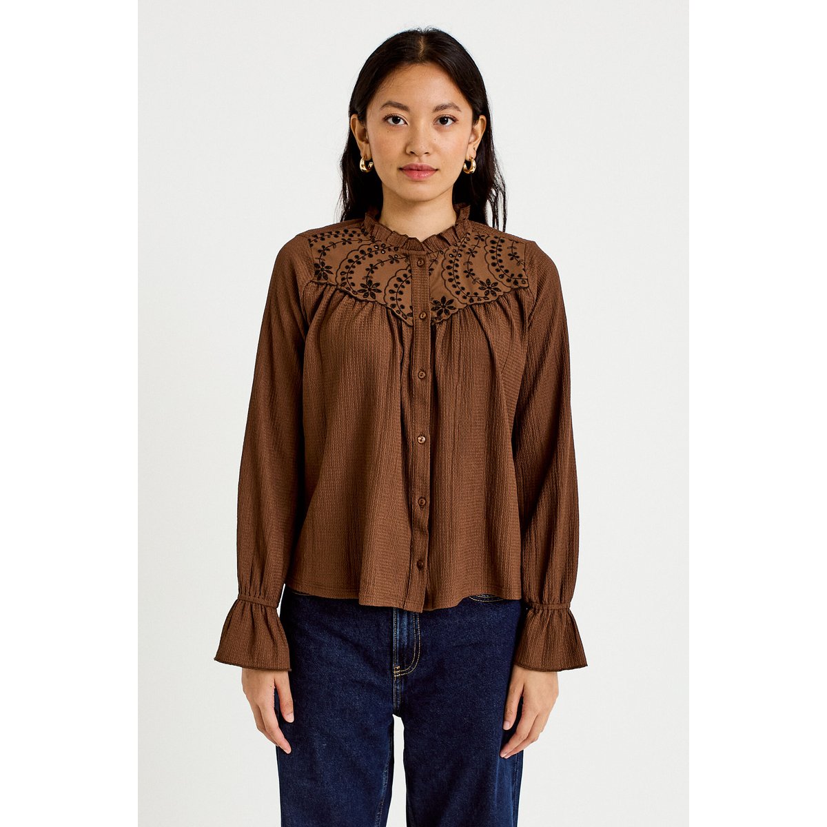 Blouse droite manches longues plissée marron, CACHE CACHE