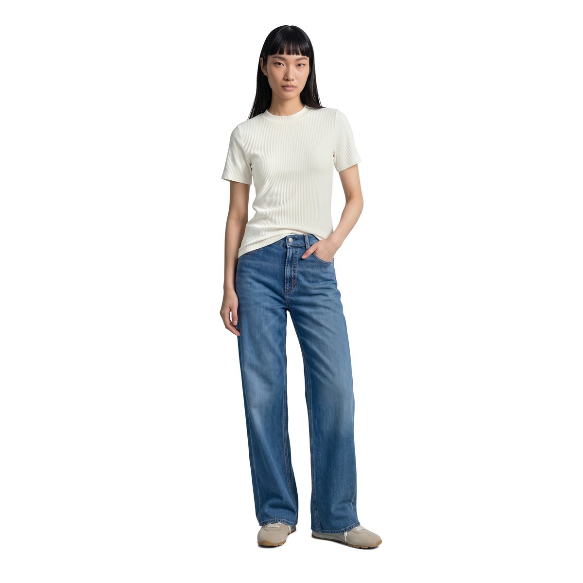 T-shirt en jersey côtelé slim en coton biologique mélangé extensible blanc, MARC O’POLO DENIM