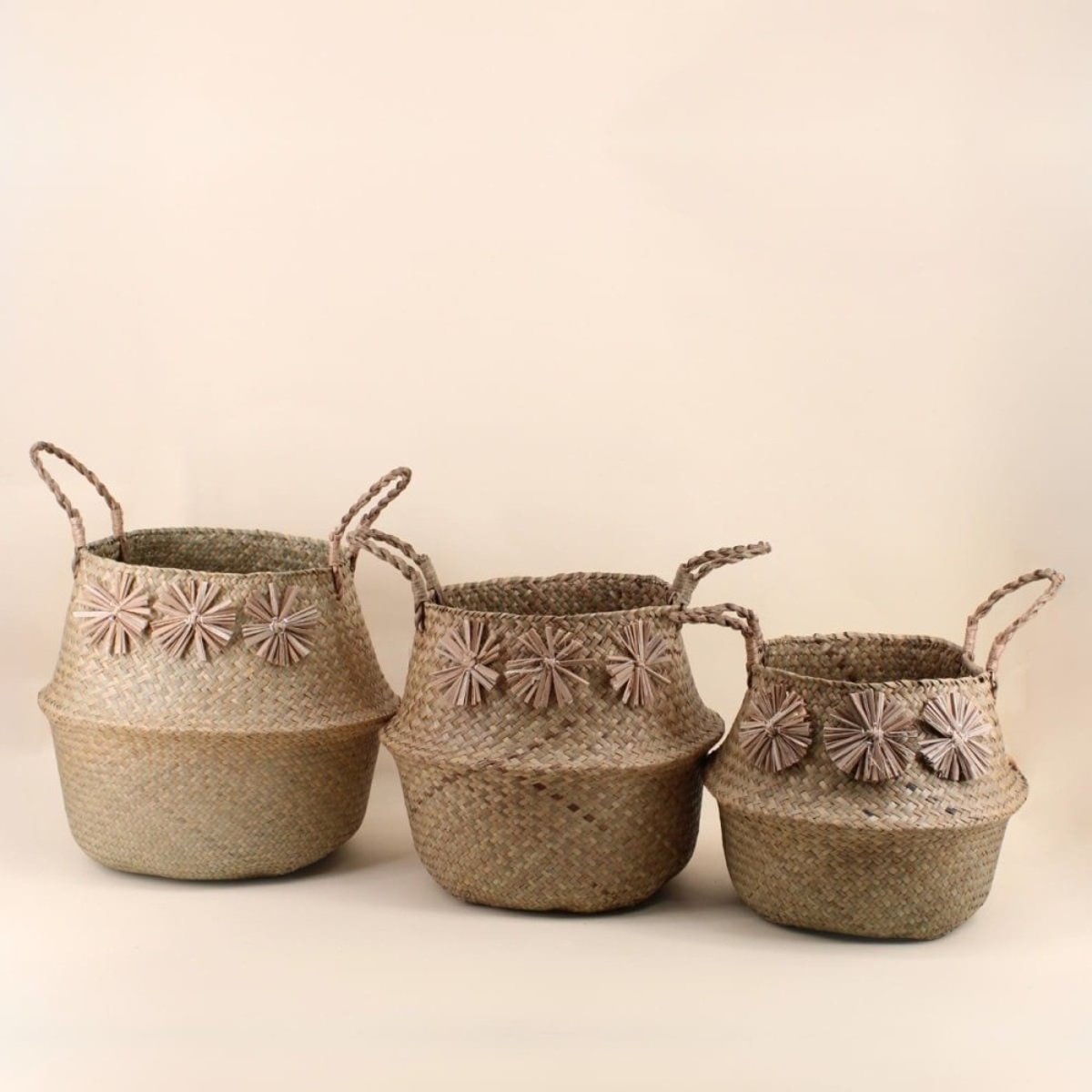 Set de 3 paniers en fibres naturelles avec pompons naturel, ORNAMI