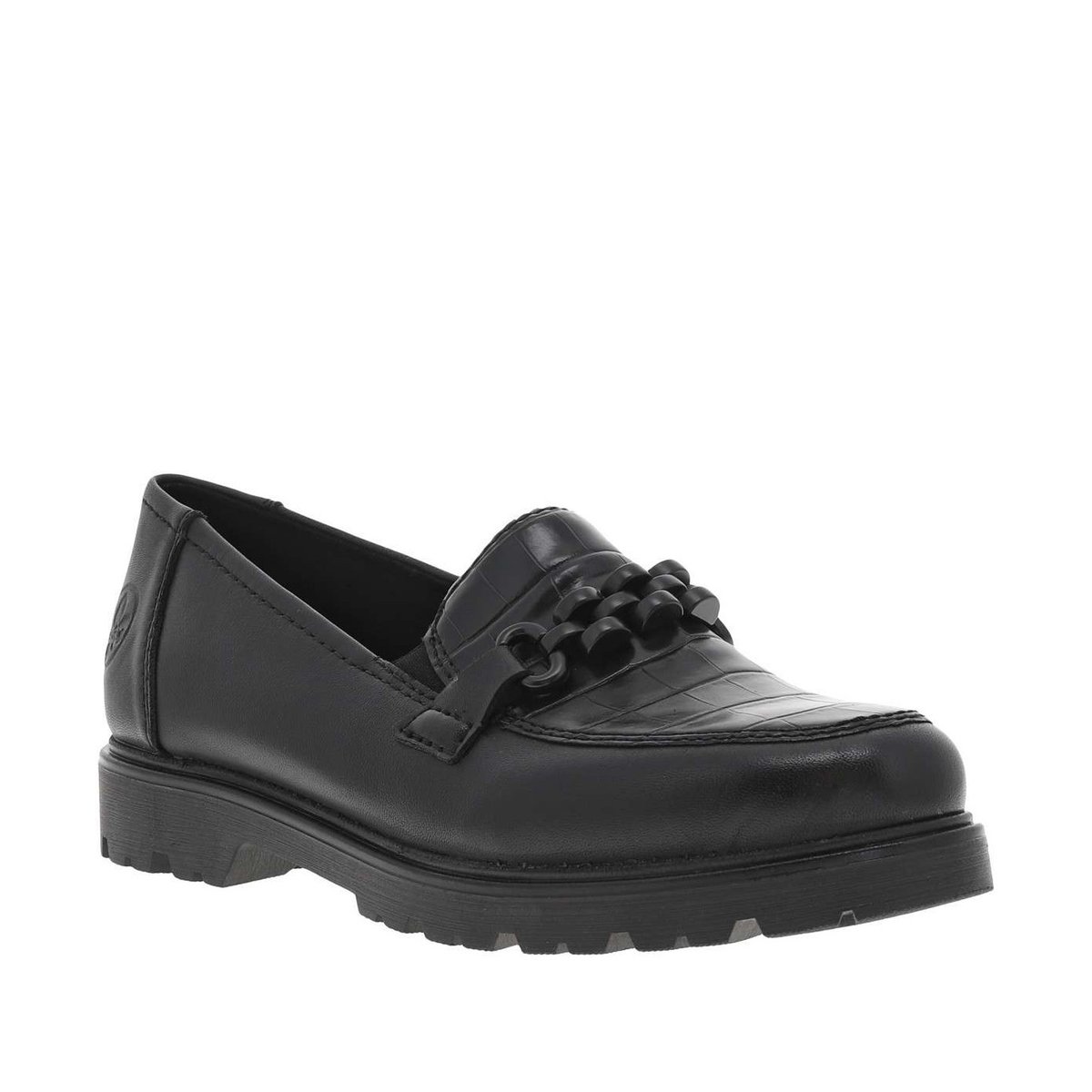 Mocassins en cuir noirs à talon décroché bas avec des soufflets élastiqués noir, RIEKER