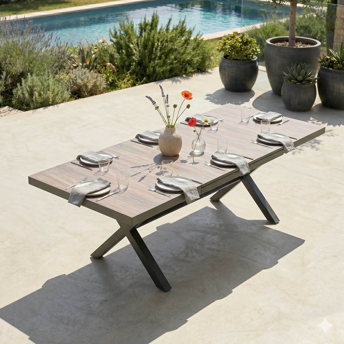 Table extensible de jardin en aluminium et céramique 8 à 12 places, TIVOLI bois clair, OVIALA