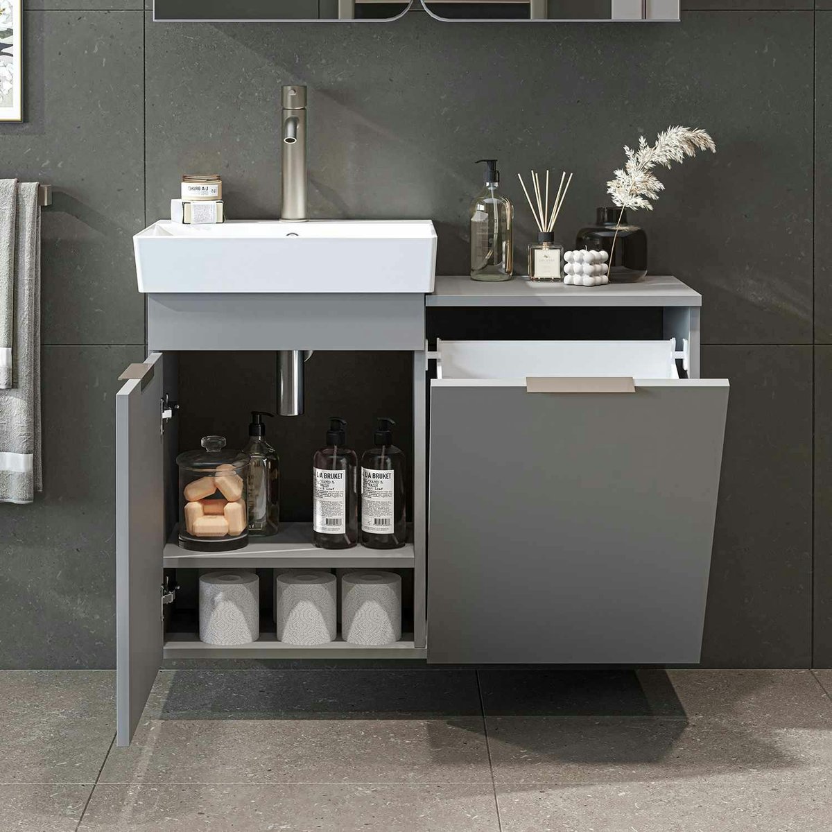 Vasque suspendue + meuble panier à linge NESSA gris, PIER IMPORT