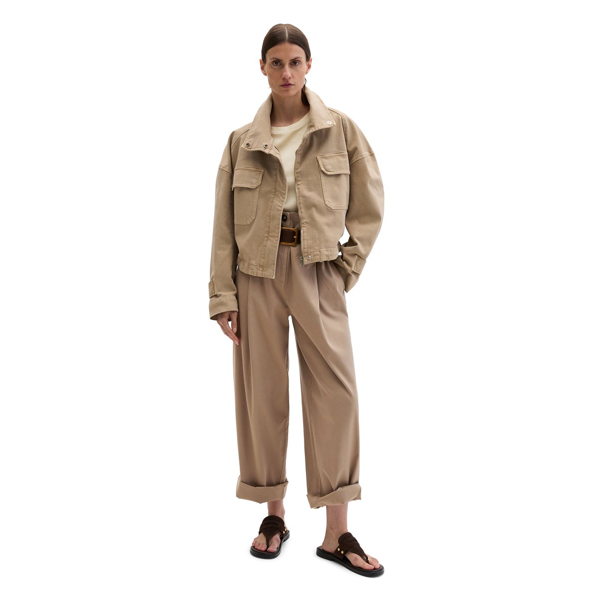Veste Funnel-Neck loose en coton garment dyed marron, MARC O'POLO
