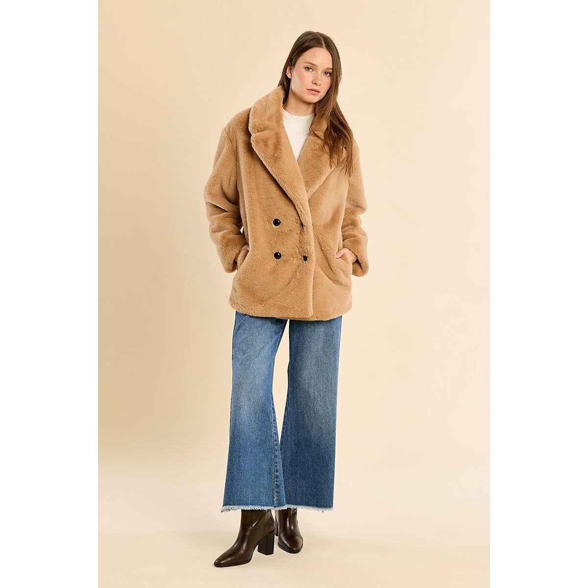 Manteau en tissu duveteux, col tailleur beige, MOLLY BRACKEN