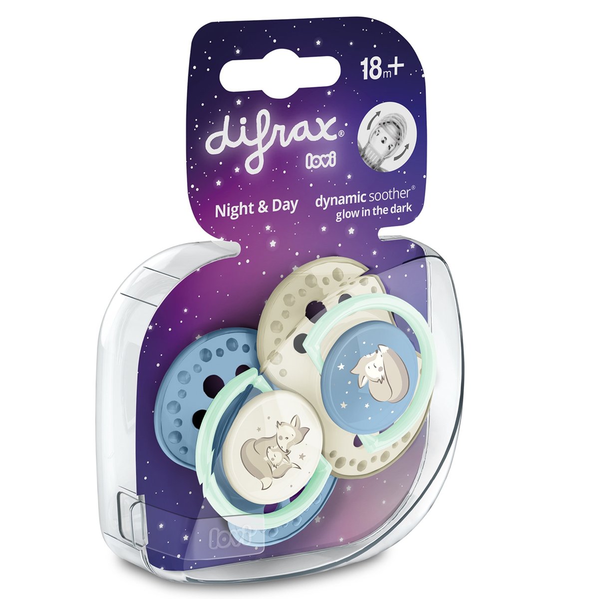 Lot de 2 sucettes dynamique lovi nuit & jour taille 4 - plus 18 mois bleu, DIFRAX