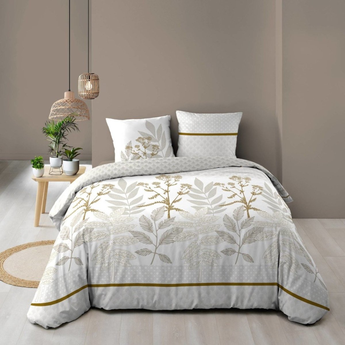 Housse de couette 240x220 + 2 taies RAONI 100% coton 57fils blanc, DECORATIE