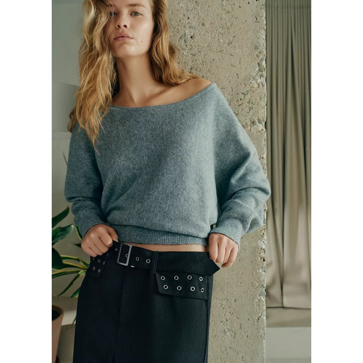 Pantalon œillets avec ceinture gris, MANGO TEEN
