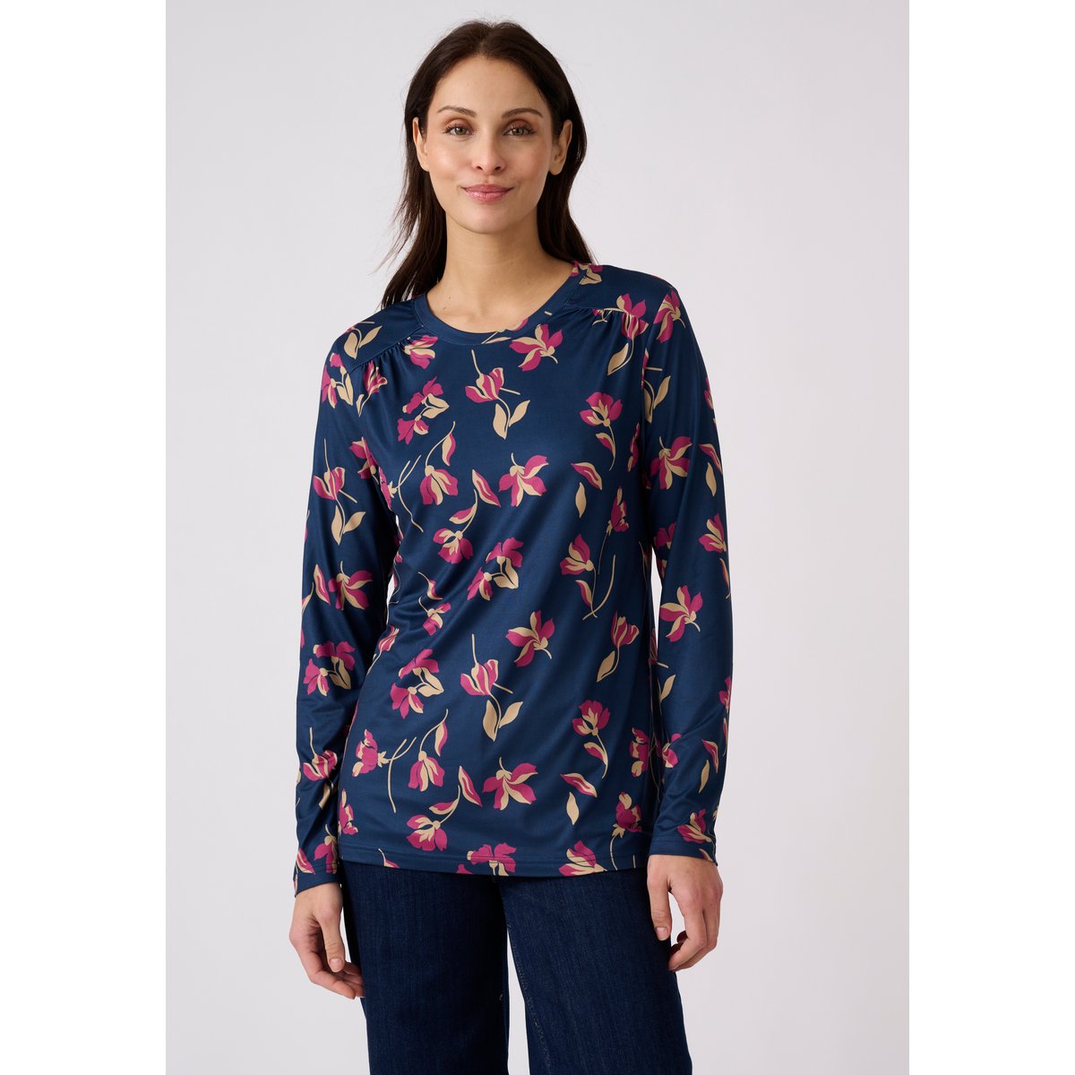 T-shirt maille chaude imprimé végétal bleu marine fleuri, DAMART