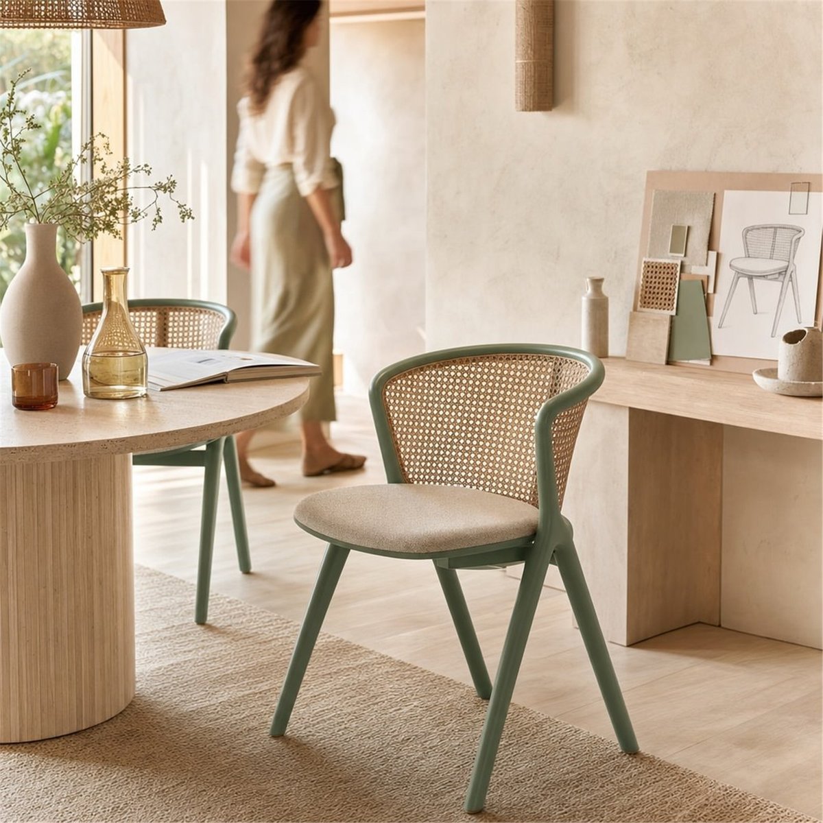Chaise en hêtre et rotin vert, naturel et beige, RECOLLECTION