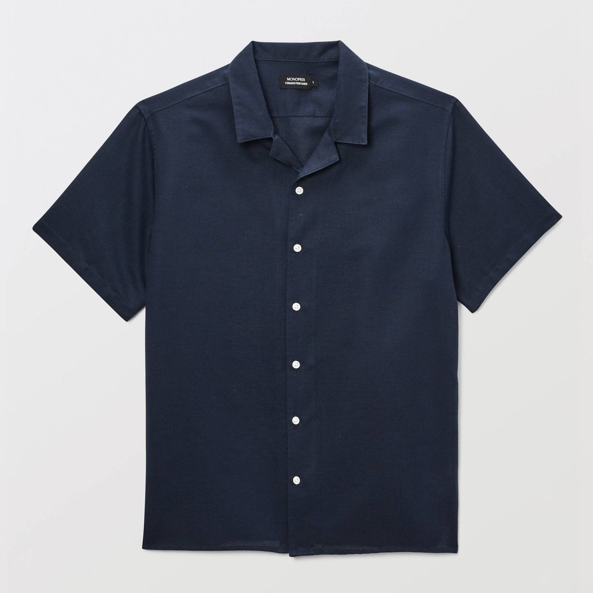 Chemise manches courtes en lin / coton marine, MONOPRIX