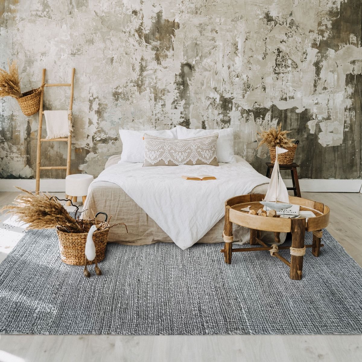 Tapis tressé en jute DESERTUM - style bohème gris, THE DECO FACTORY