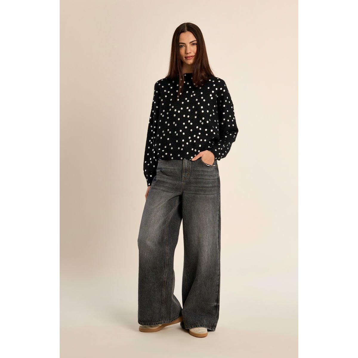Pull col bateau, motif pois black / silver, MOLLY BRACKEN