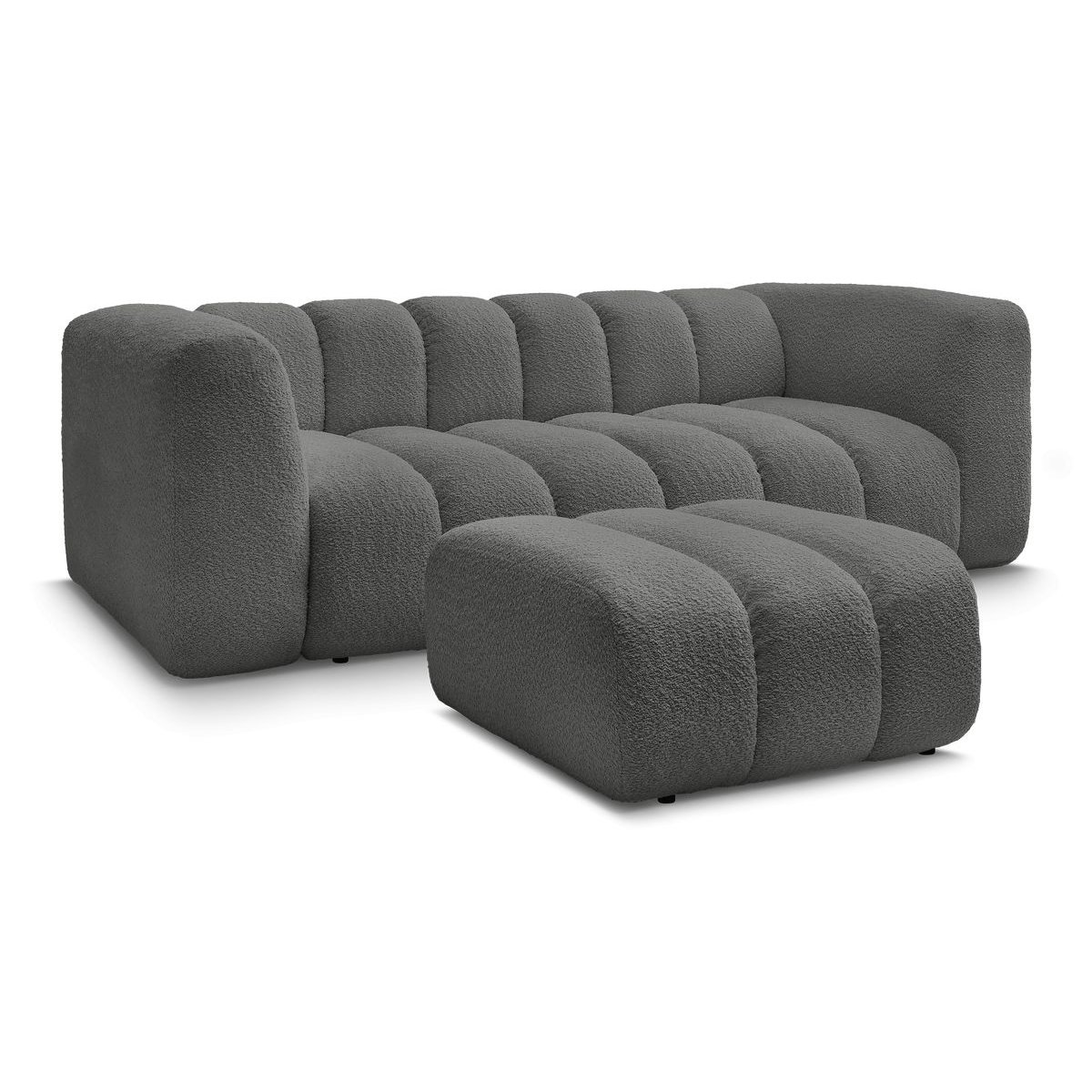 Canapé droit fixe 3 places en tissu bouclette avec pouf, TALIA gris foncé, BOBOCHIC