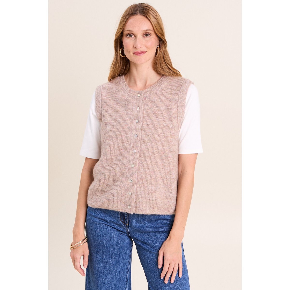 Gilet droit mi-long sans manches creme, BREAL