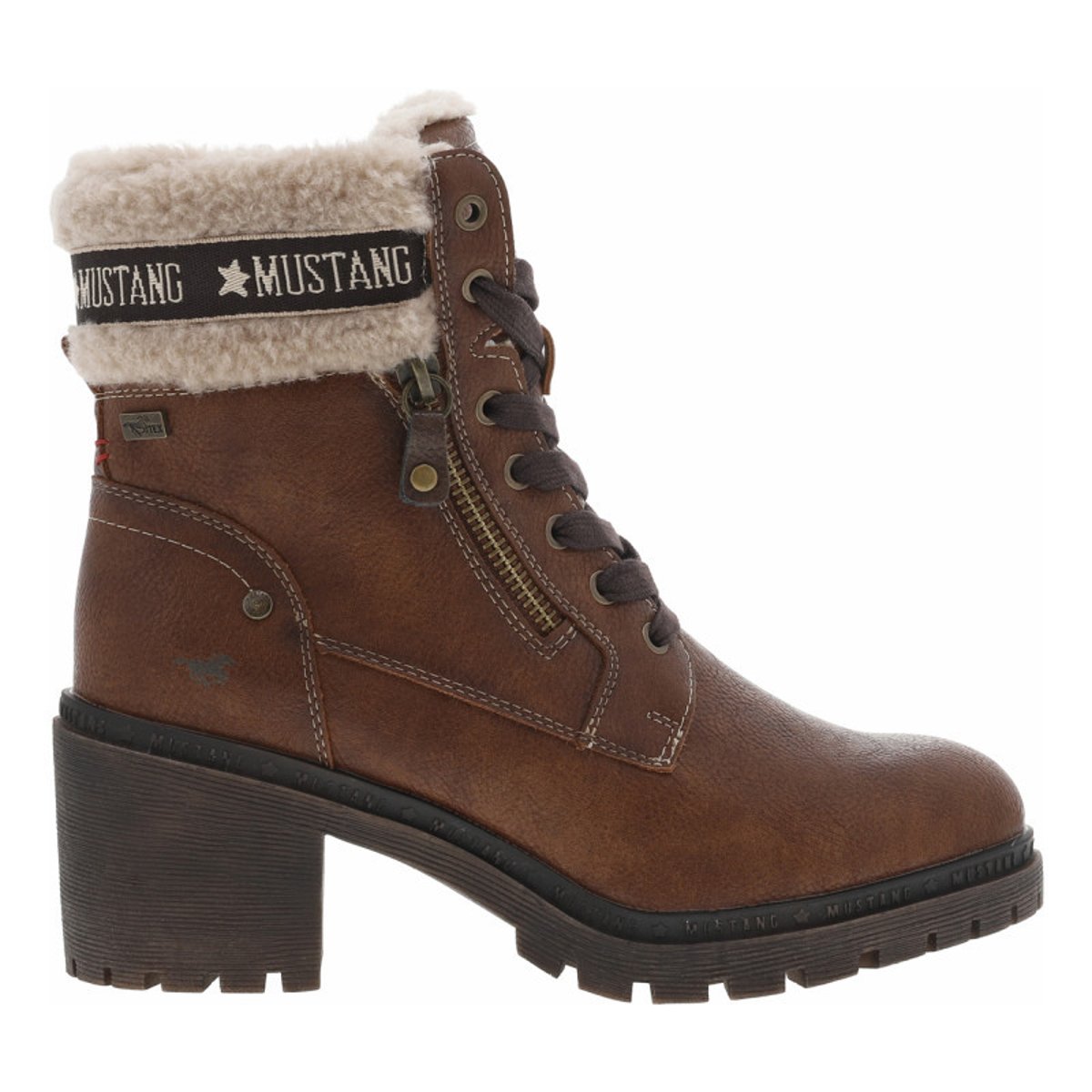Bottines cognac à talon décroché moyen avec des lacets plats et un zip cognac, MUSTANG