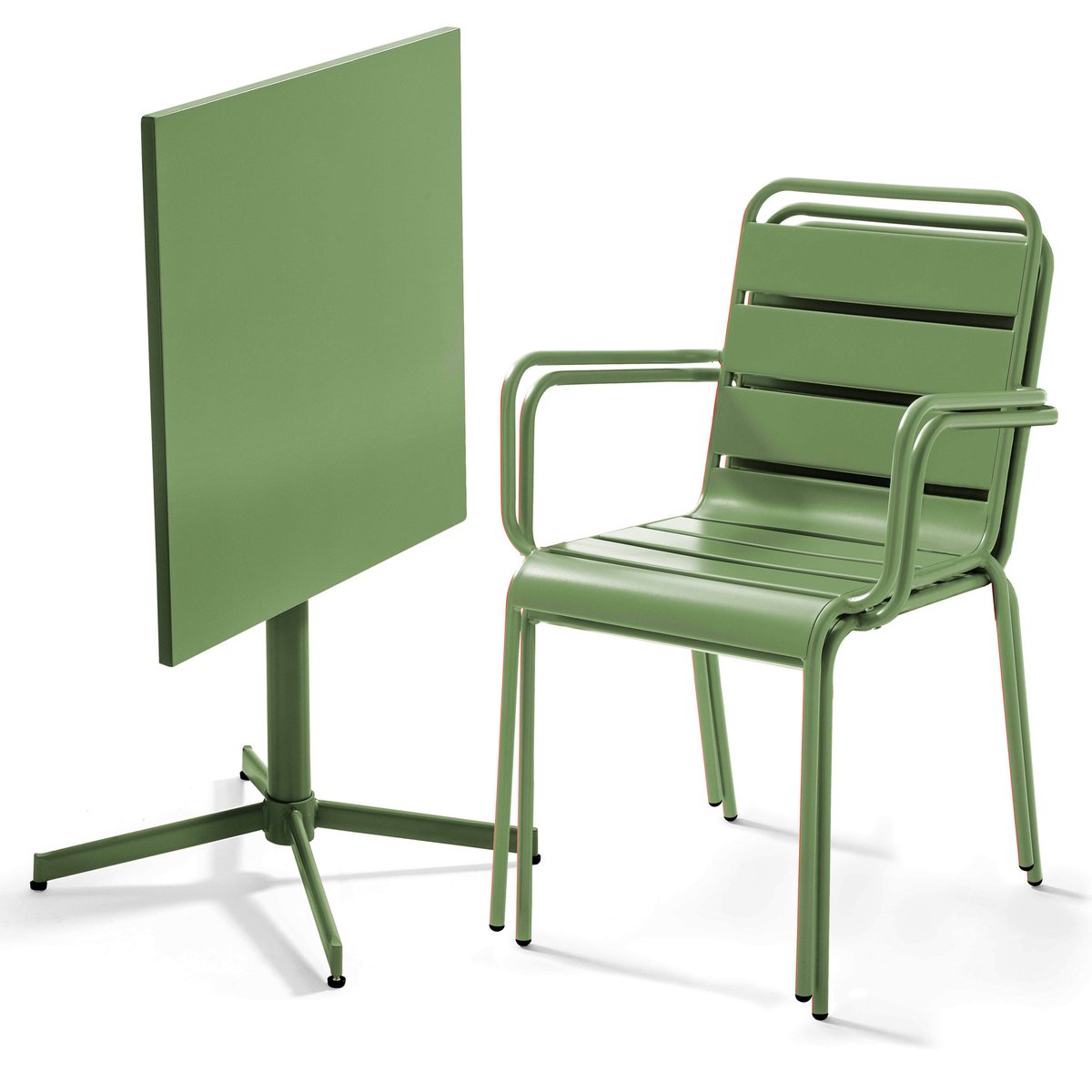 Table de jardin bistrot carrée inclinable en métal 70x70 cm et 2 chaises avec accoudoirs, PALAVAS vert cactus, OVIALA