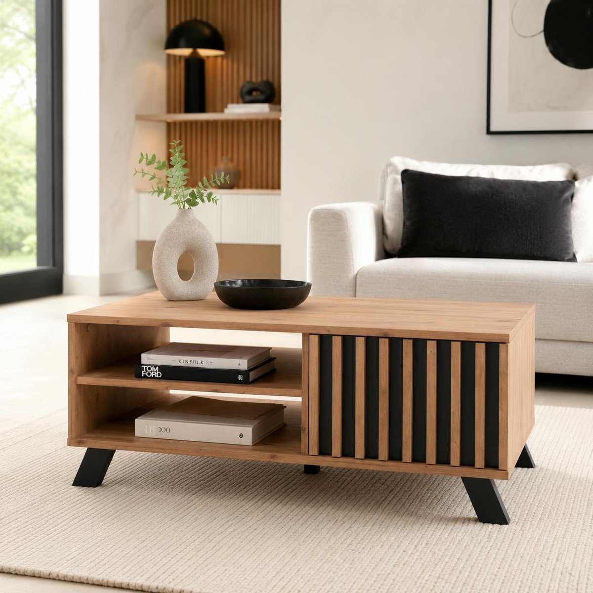 Table basse moderne 1 porte noire rainurée ALVA bois naturel, PIER IMPORT