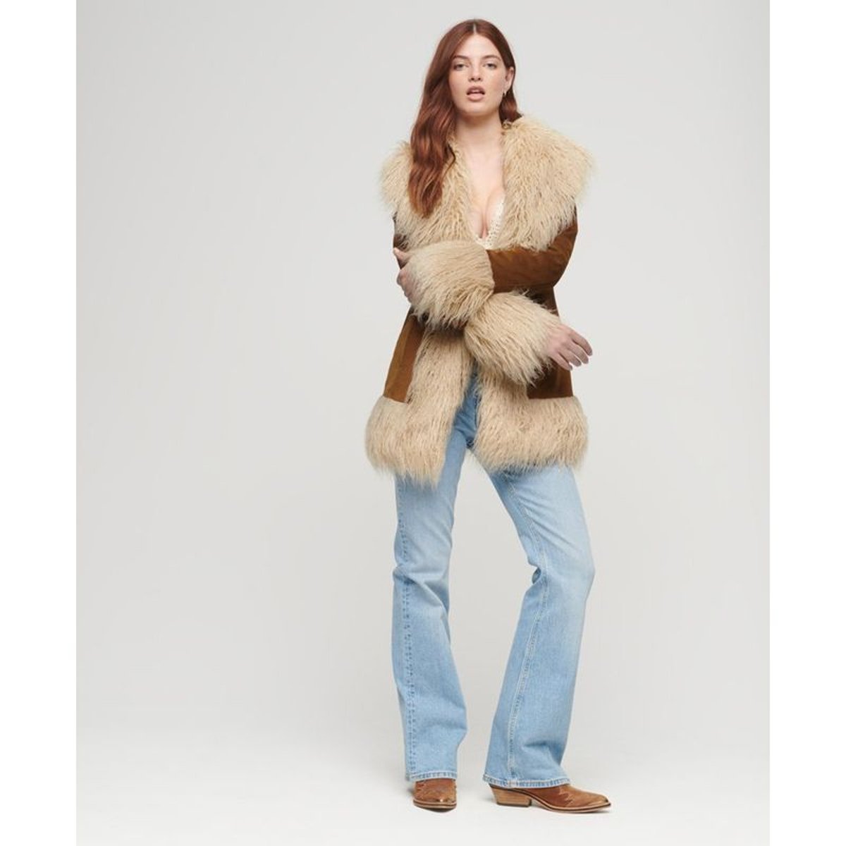 Manteau afghan avec doublure en imitation fourrure marron denim co tobacco, SUPERDRY