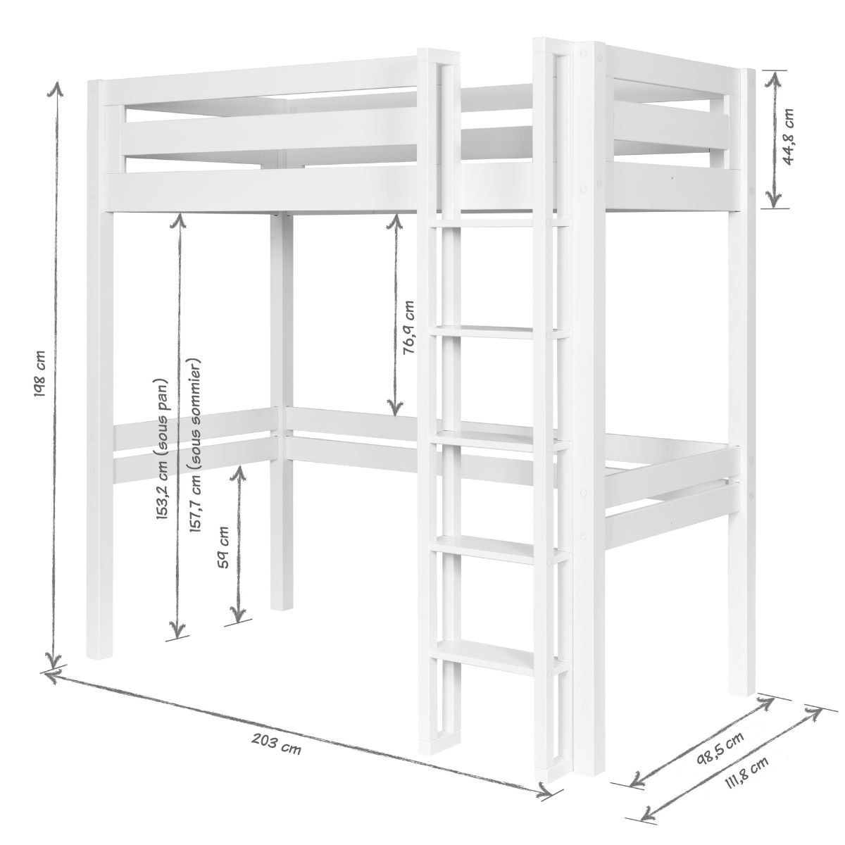 Lit mezzanine 1 place Bois massif  DORSE blanc, AKITEN RETAIL