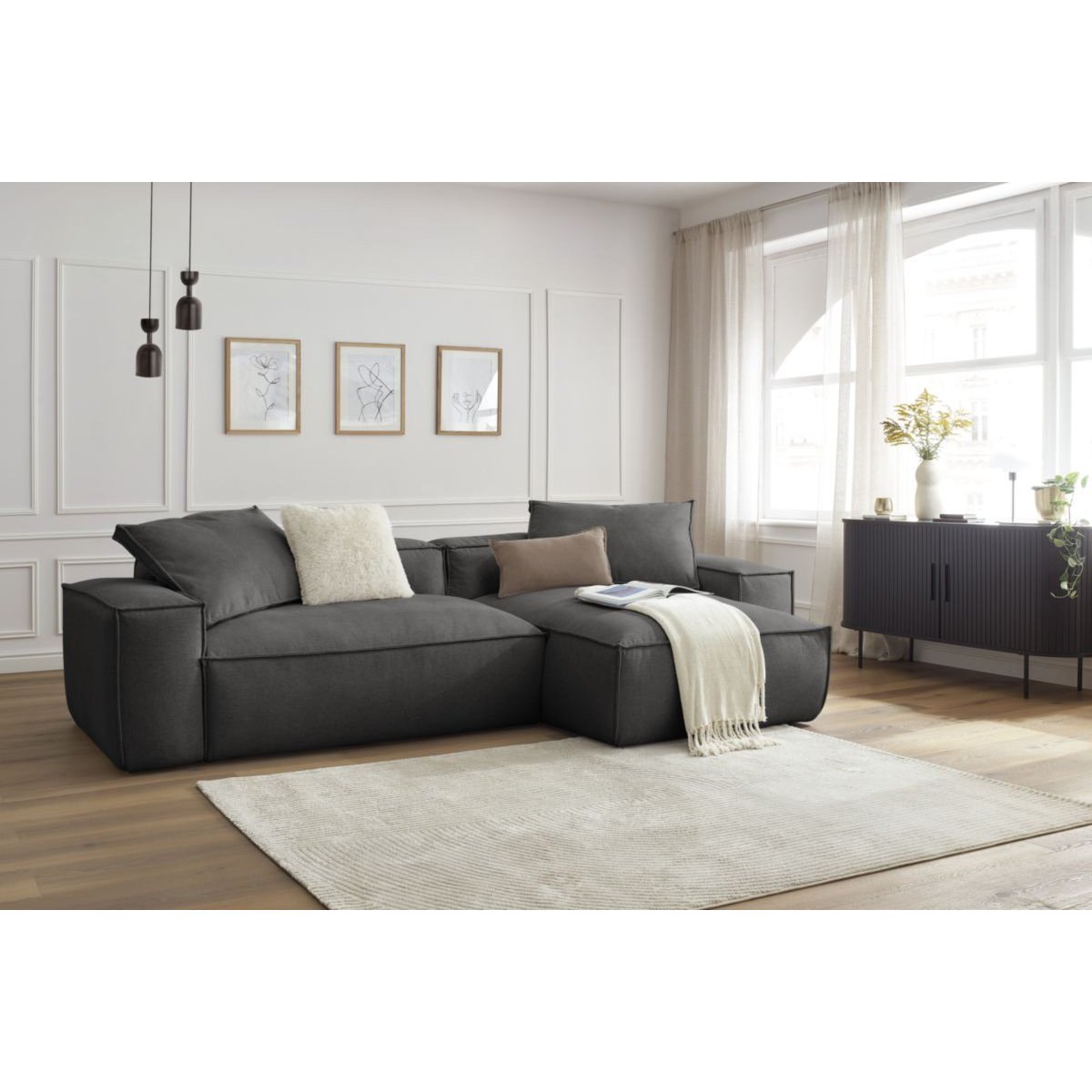 Canapé d'angle fixe 3 places en tissu chiné, BOHEME gris foncé, BOBOCHIC
