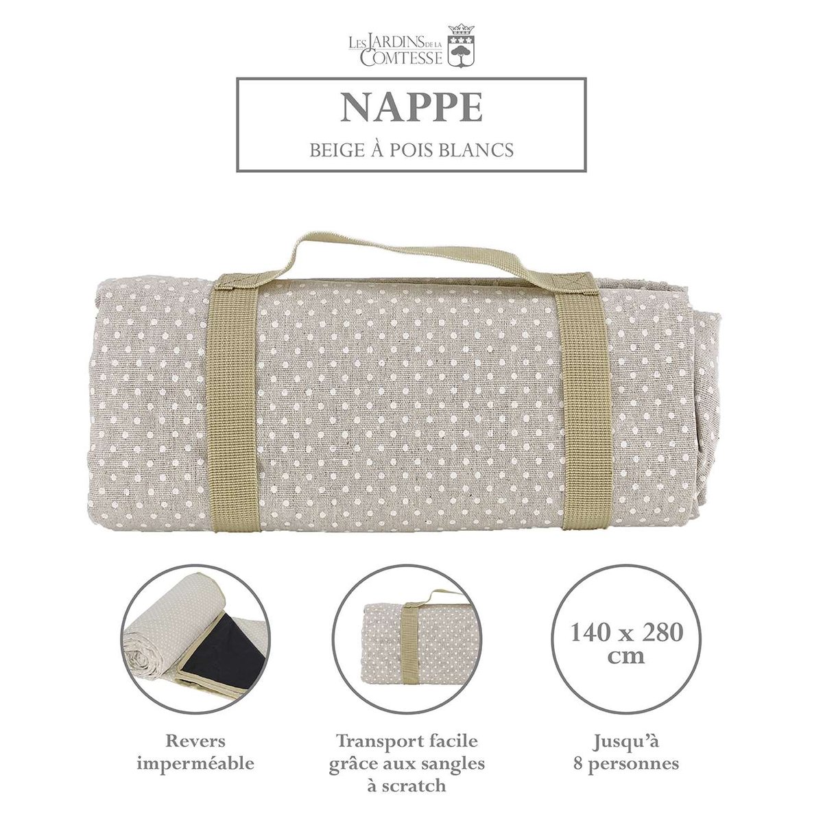 Nappe pique-nique à revers imperméable beige et blanc, LES JARDINS DE LA COMTESSE