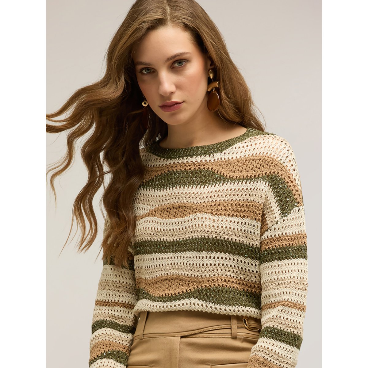 Pull court à rayures ajouré beige, MOTIVI